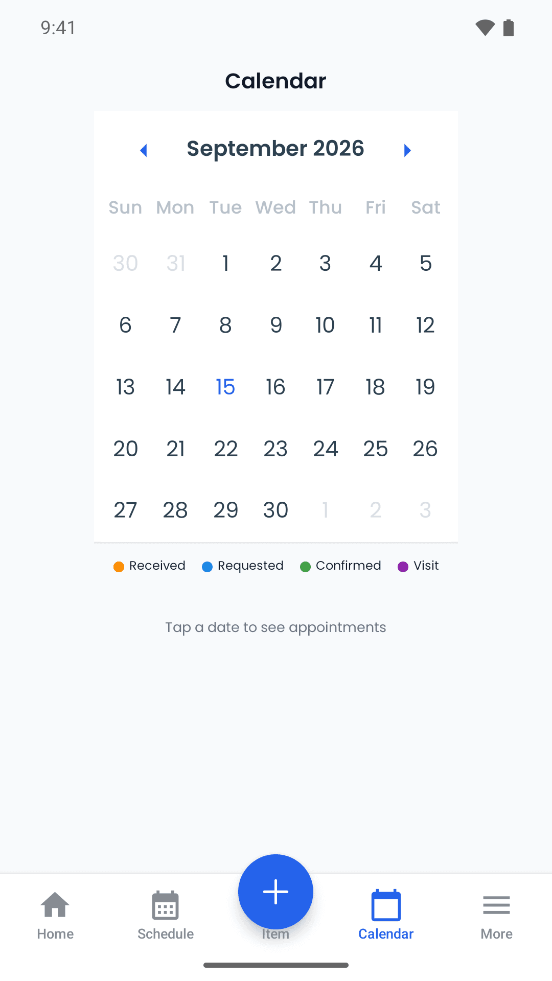 Reeasy calendar with appointment status labels and no appointments selected