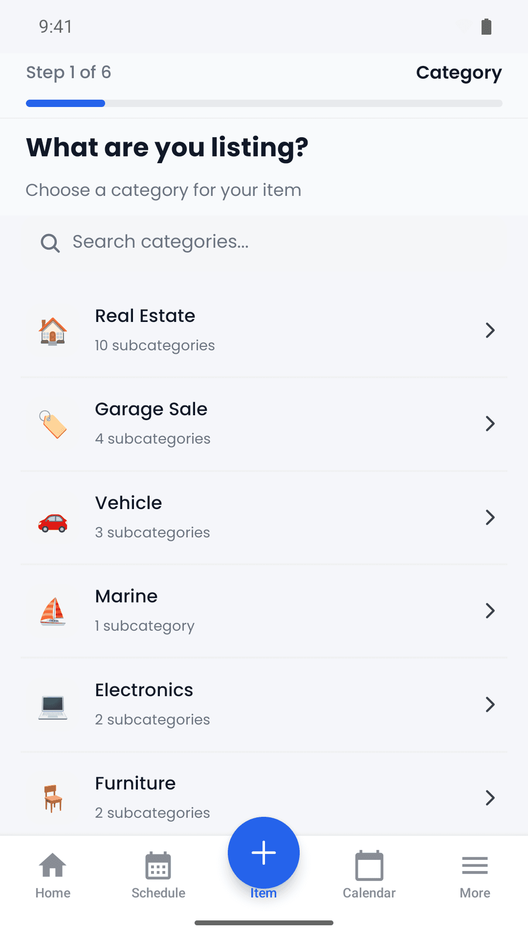Reeasy listing categories, including real estate, garage sales, vehicles and furniture