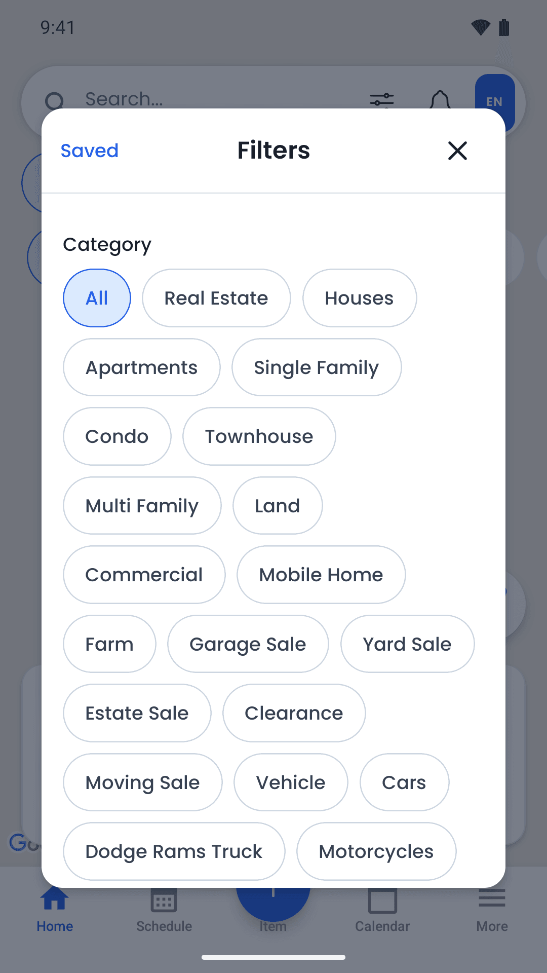 Reeasy marketplace filters with category and subcategory choices